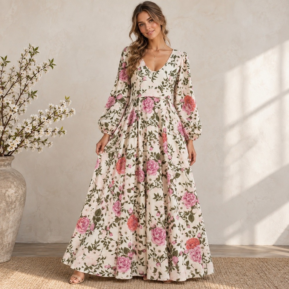 Aura Floral V Neck Maxi Dress Pink Cream Balloon Sleeve M Cottagecore Romantic